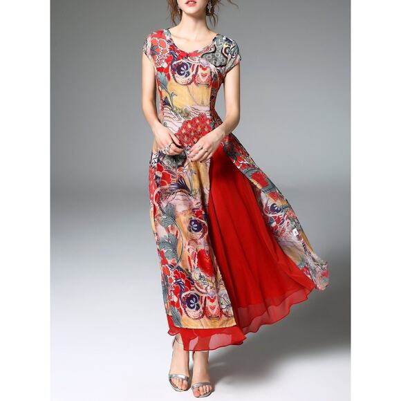 FLORYDAY Maxi Dress Cap Sleeve Floral Abstract Print in Multicolor Women's Large - Picture 1 of 11